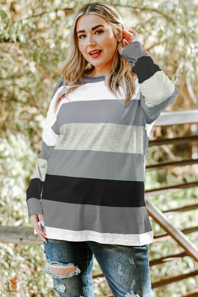 Plus Size Striped Slit Long Sleeve T-Shirt - Clothes For Her Online Store