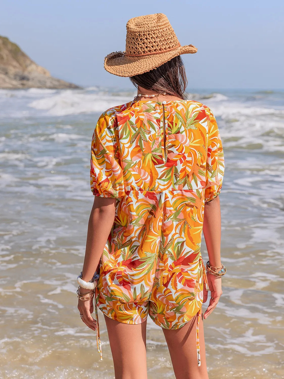 Smocked Printed Tie Neck Romper