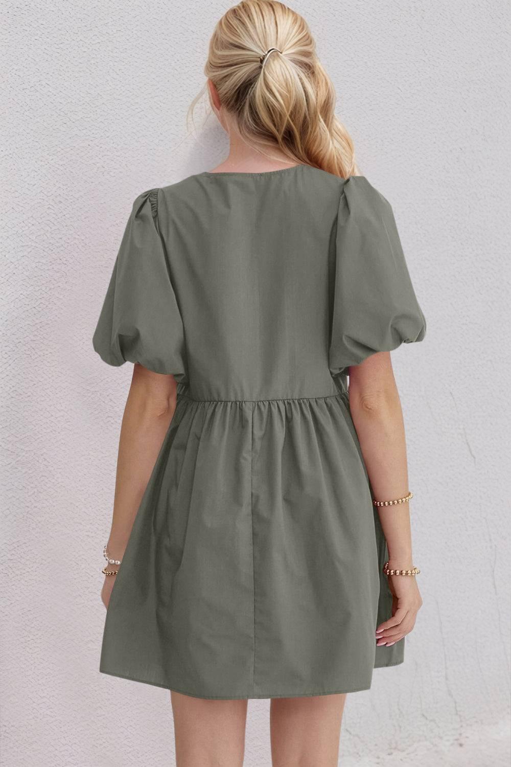 Oh Bow Ruched Puff Sleeve Mini Dress - Clothes For Her Online Store
