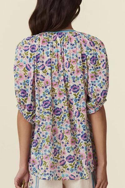 Floral Tie Neck Half Sleeve Blouse - Clothes For Her Online Store