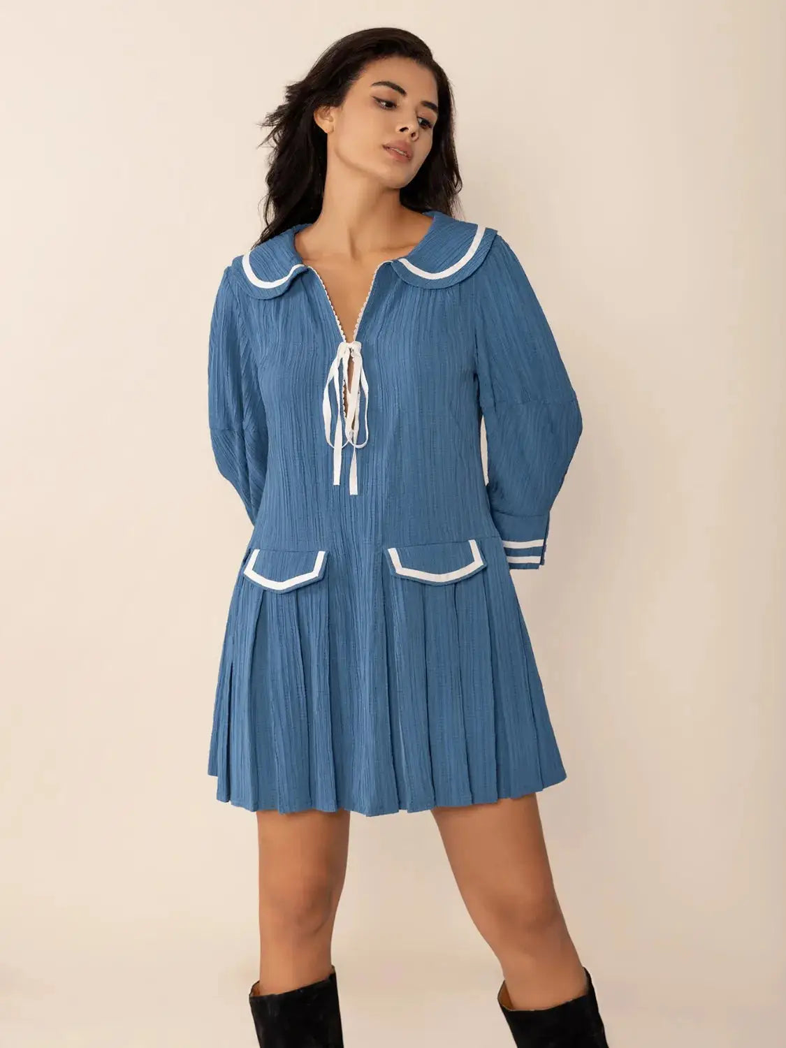 Tie Front Pleated Three-Quarter Sleeve Mini Dress - Clothes For Her Online Store
