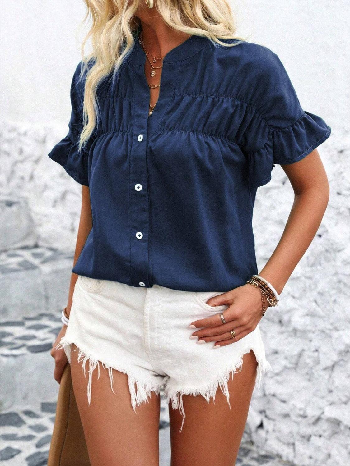 Button Down Ruffled Short Sleeve Shirt - Clothes For Her Online Store