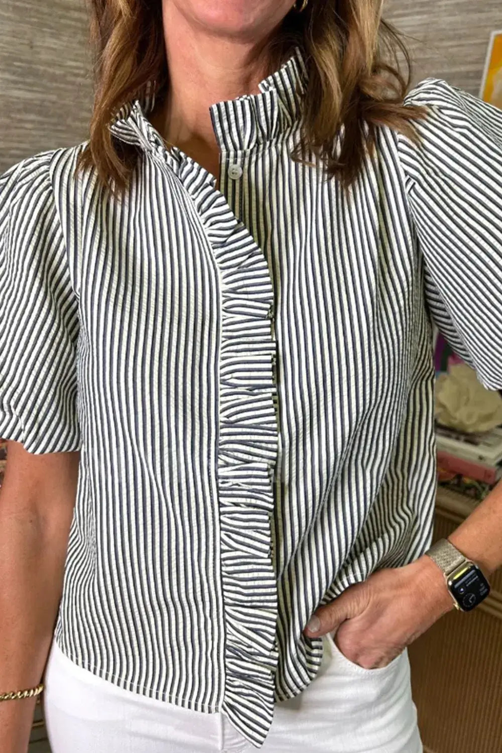 Striped Ruffle Short Bubble Sleeve Shirt