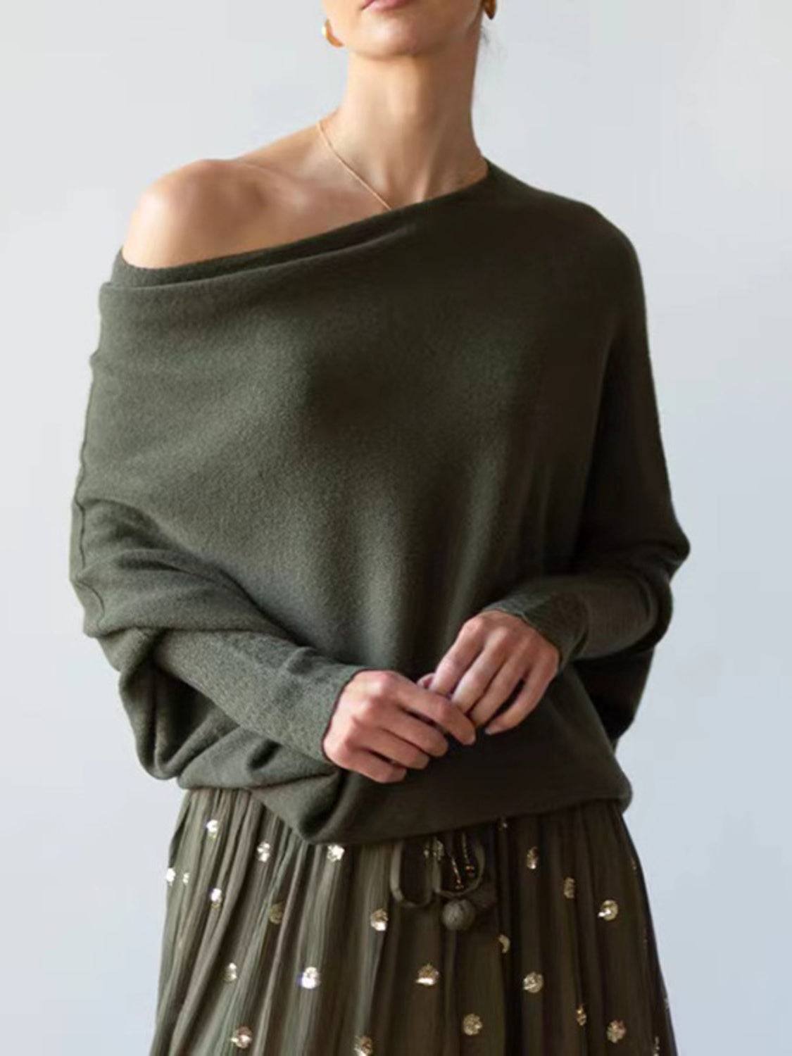 Full Size Boat Neck Batwing Sleeve Knit Top - Clothes For Her Online Store