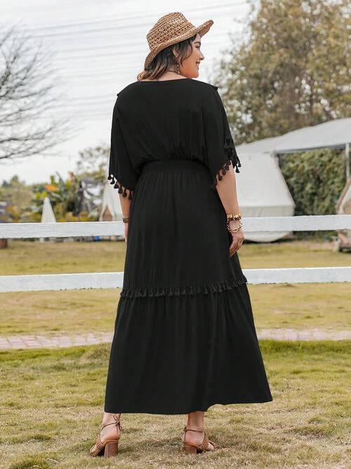 Plus Size Tassel Trim V-Neck Short Sleeve Ruffle Hem Dress - Clothes For Her Online Store
