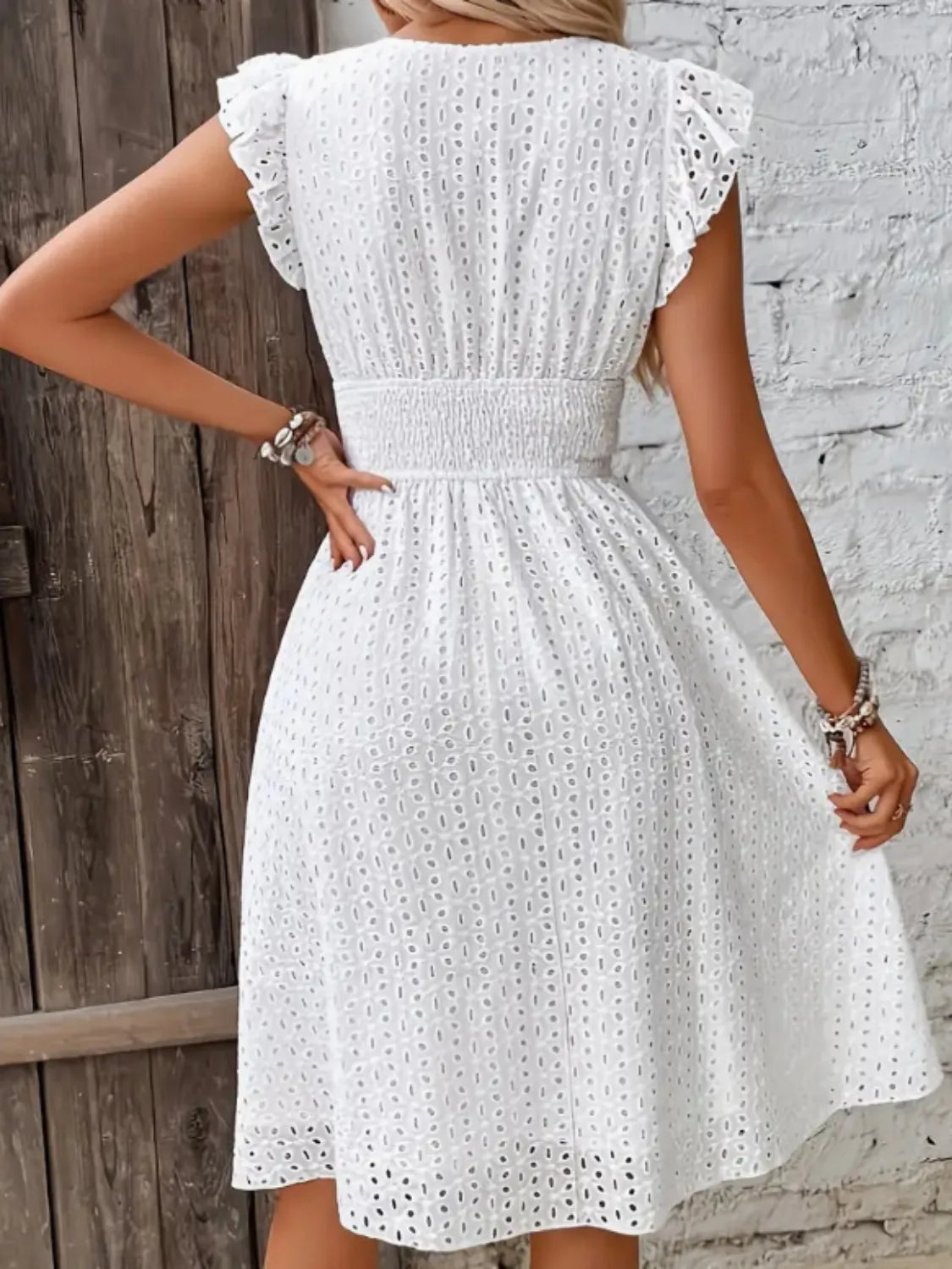 Eyelet Surplice Cap Sleeve Dress