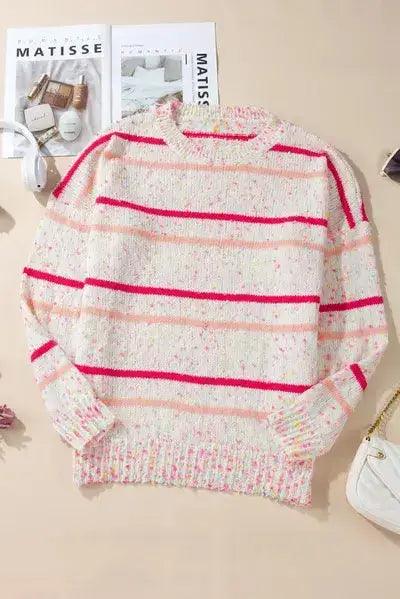 Plus Size Confetti Striped Round Neck Sweater - Clothes For Her Online Store