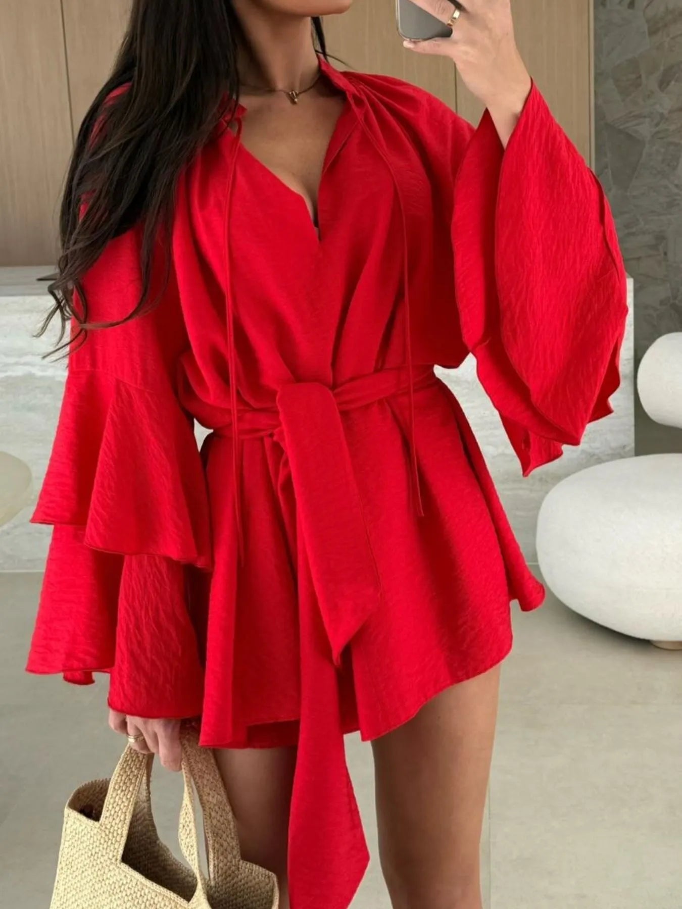 Bell Sleeve Tie Waist Mini Shirt Dress