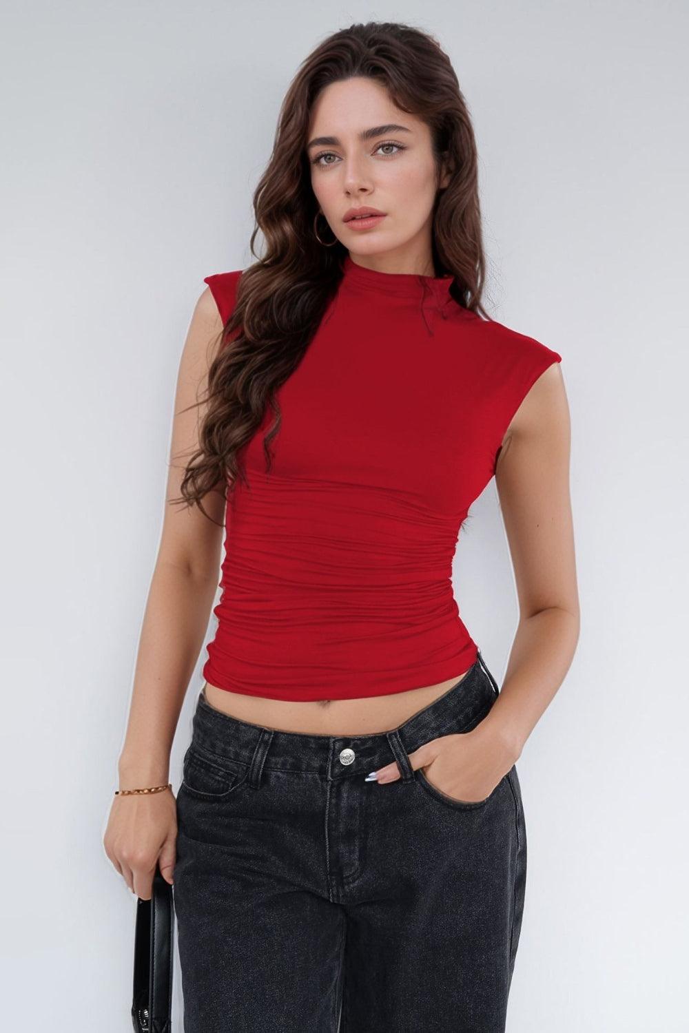 Mock Neck Ruched Tank - Clothes For Her Online Store