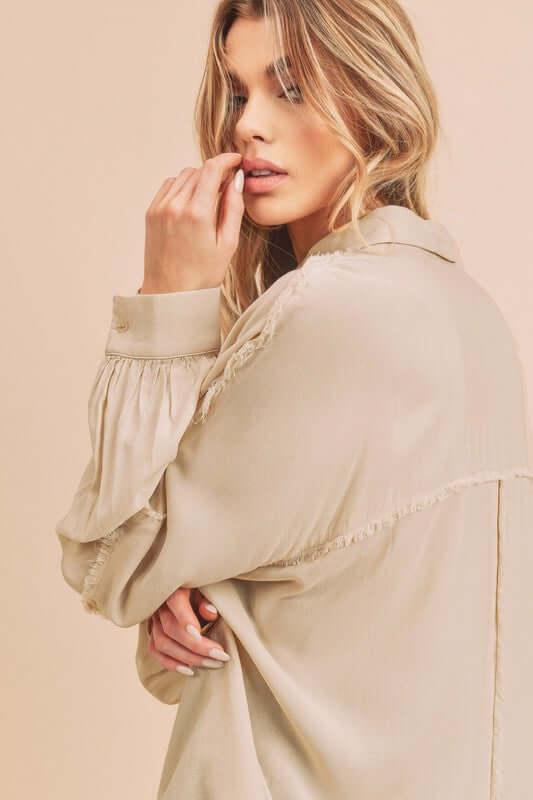 Aemi + Co Raw Edge Exposed Seam Collared Neck Long Sleeve Shirt - Clothes For Her Online Store
