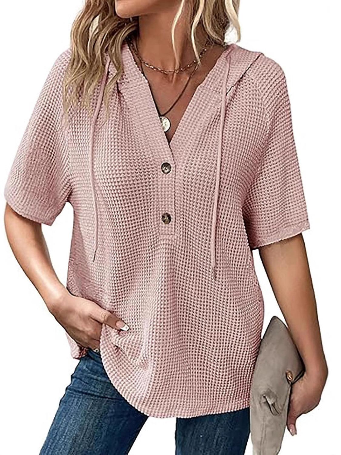 Waffle-Knit Hooded Short Sleeve Blouse - Clothes For Her Online Store