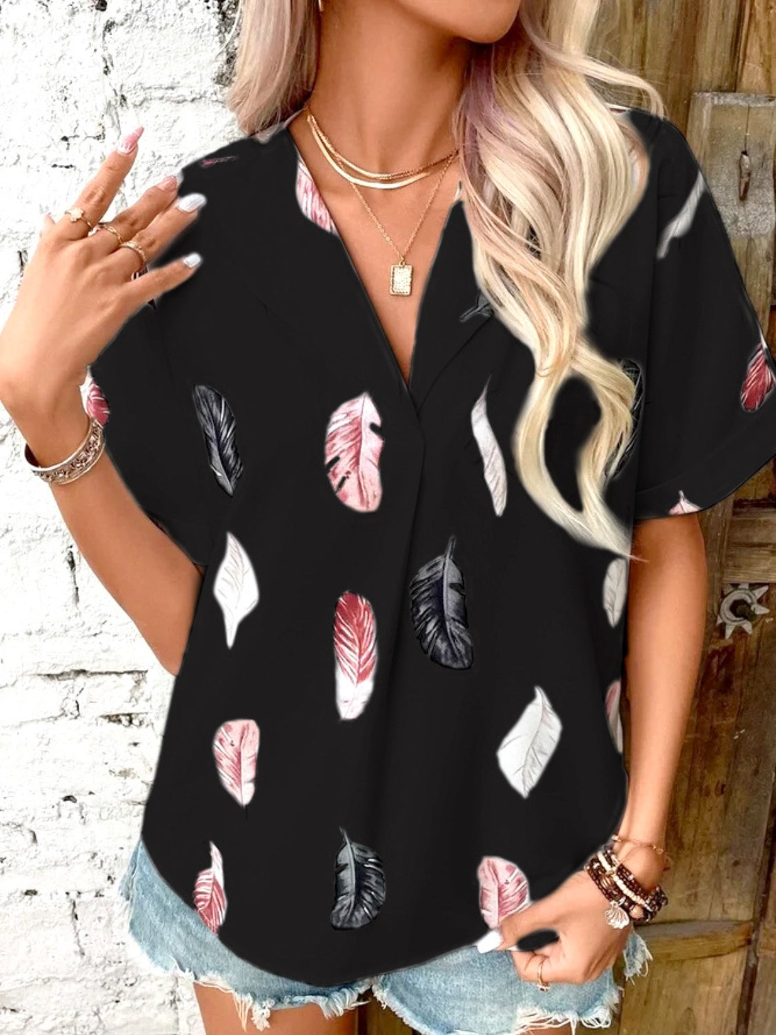 Full Size Printed Collared Neck Short Sleeve Blouse - Clothes For Her Online Store