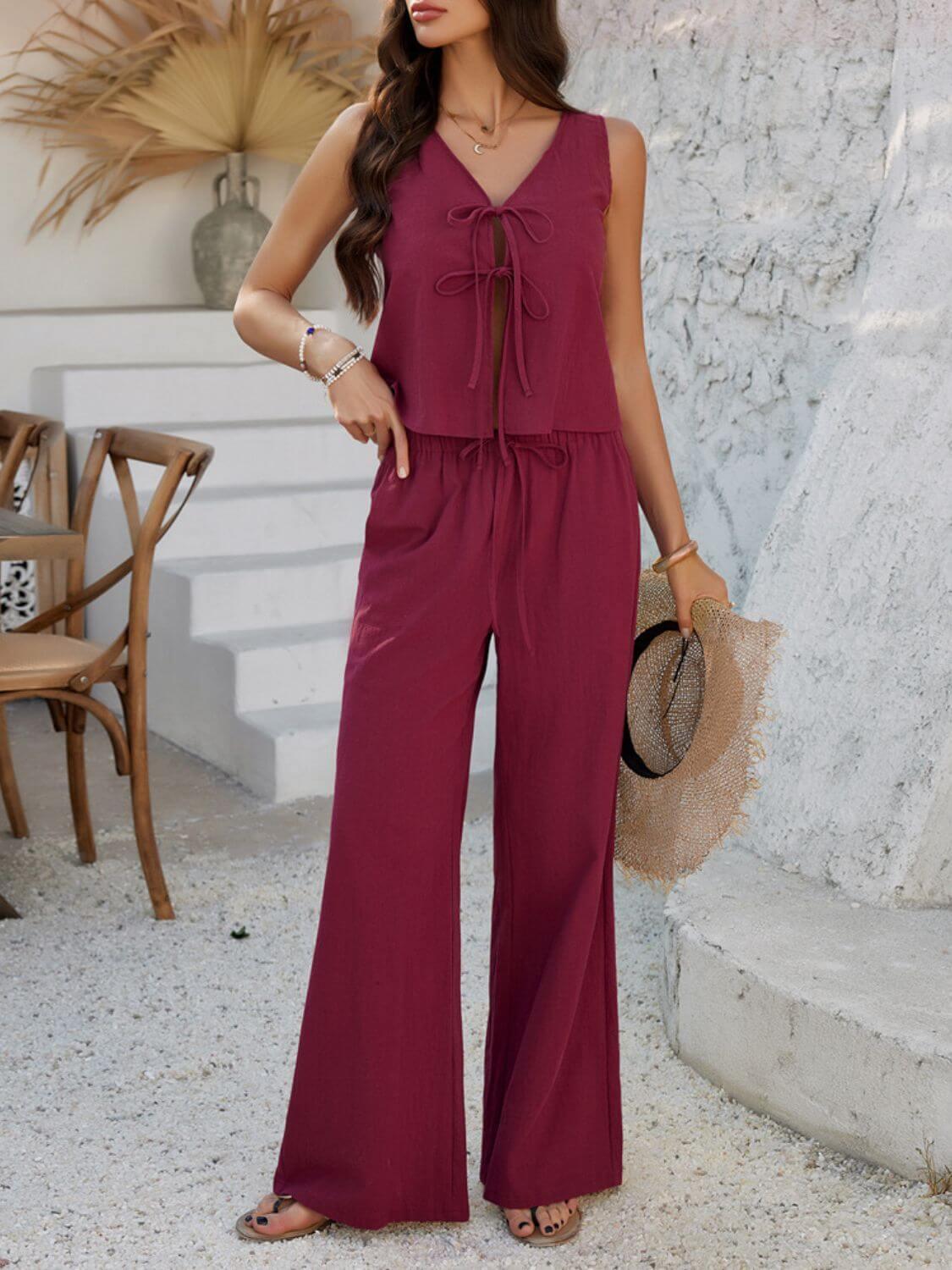 Devine Tied V-Neck Sleeveless Top and Pants Set - Clothes For Her Online Store
