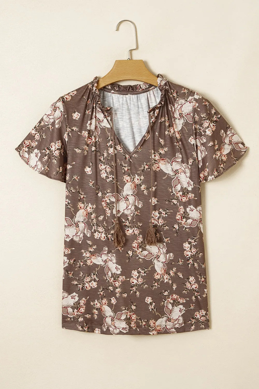Floral Print Tassel Tie Split Neck Short Sleeve Blouse