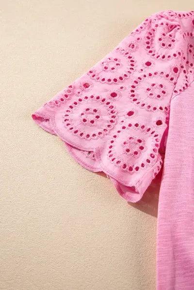 Eyelet Embroidery Scalloped Sleeve Round Neck Top - Clothes For Her Online Store