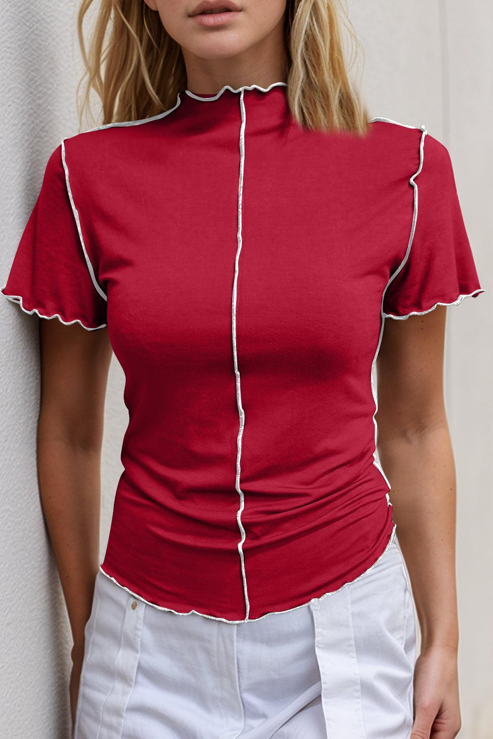 Basic Bae Contrast Trim Mock Neck Short Sleeve T-Shirt - Clothes For Her Online Store