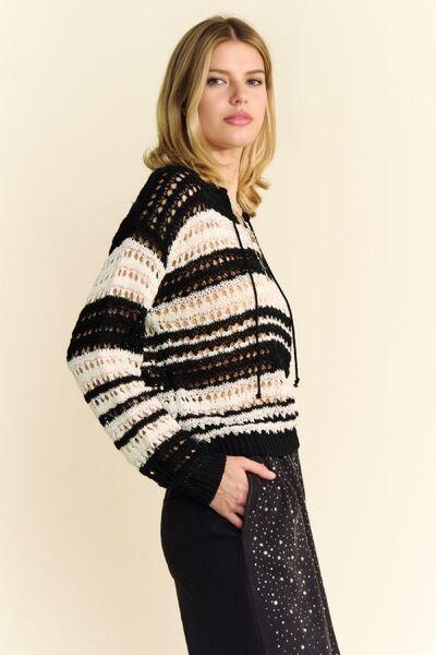 Davi & Dani Contrast Striped Crochet Drop Shoulder Knit Cover Up - Clothes For Her Online Store
