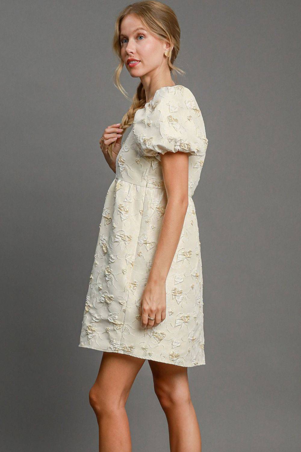 Umgee Heart Jacquard Square Neck Puff Sleeve Mini Dress - Clothes For Her Online Store