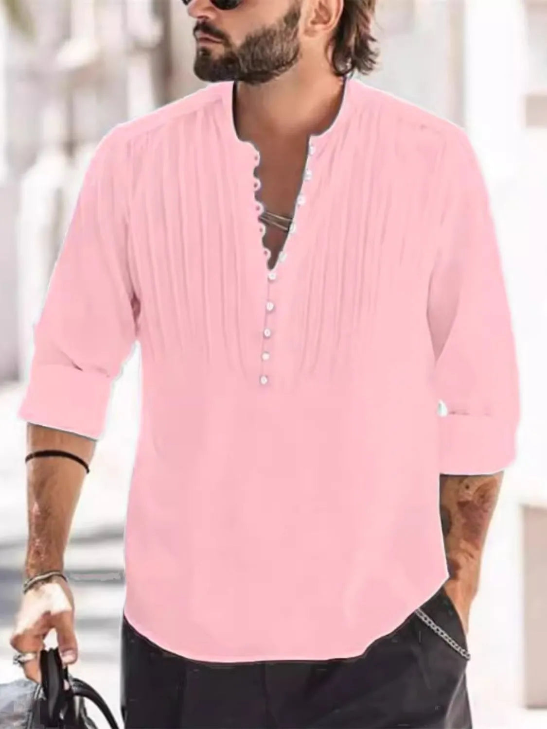 Men's Full Size Button Detail Long Sleeve Polo Plus Size