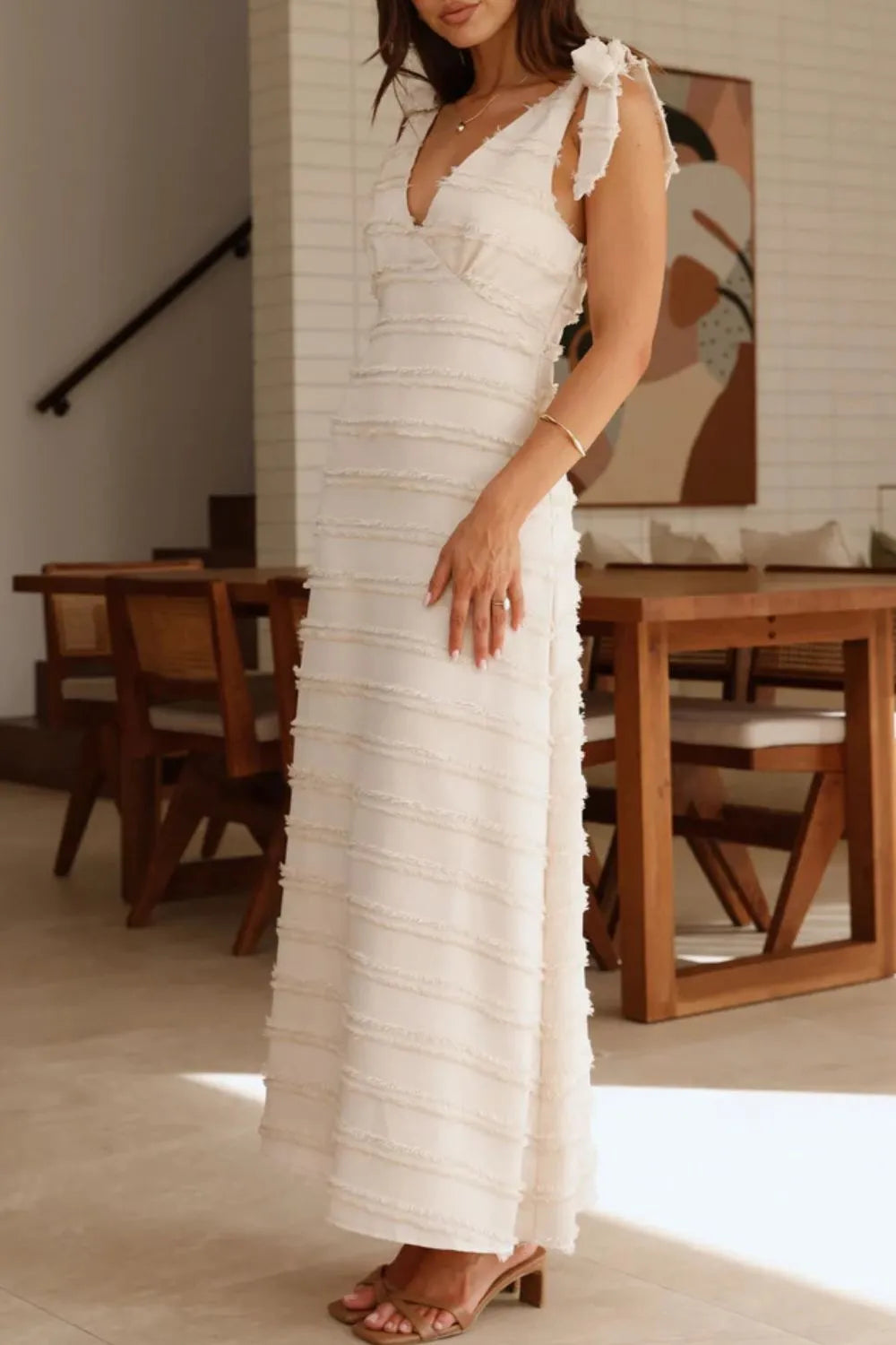 Textured V-Neck Tie Shoulder Dress