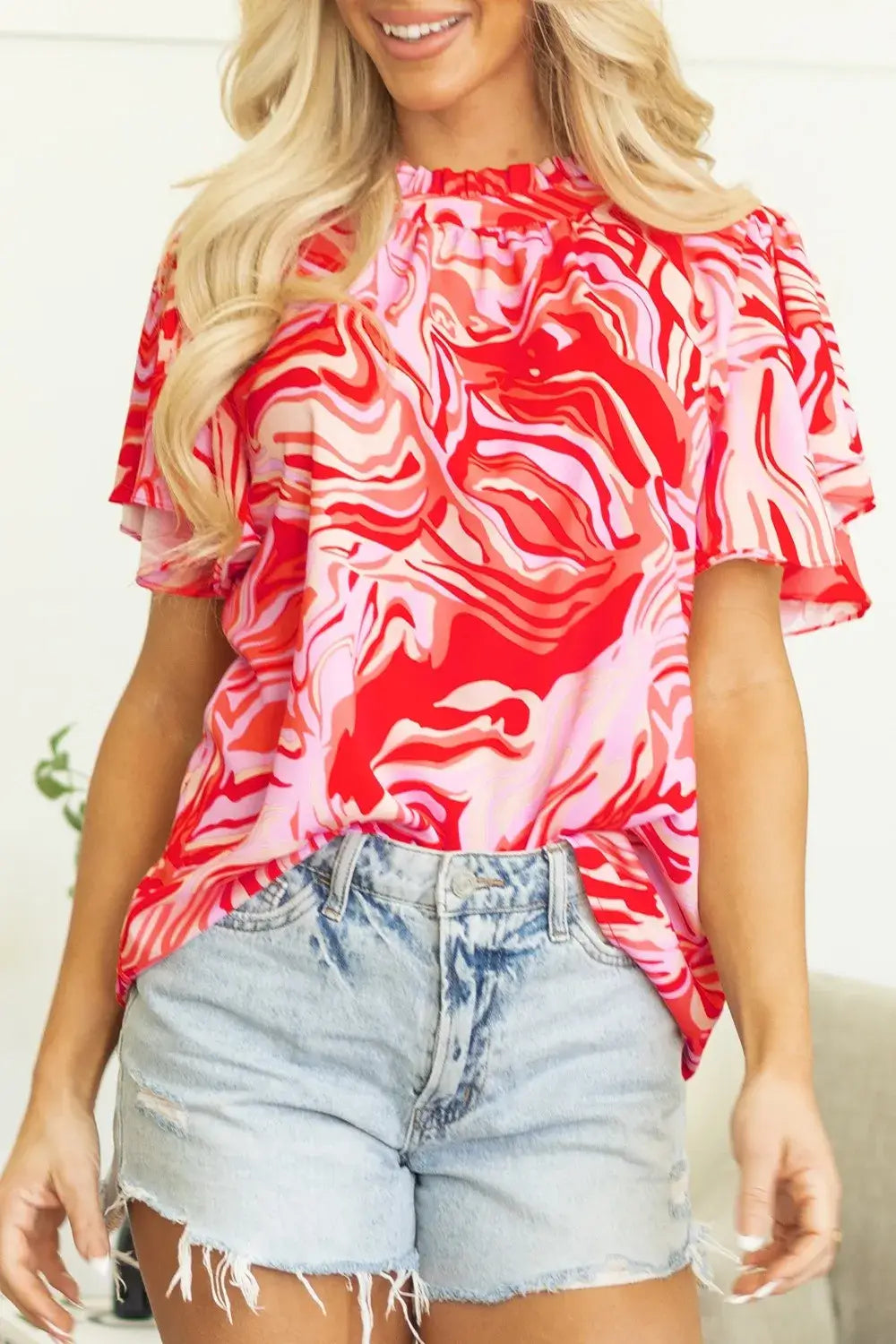 Abstract Print Ruffled Short Sleeve Mock Neck Blouse