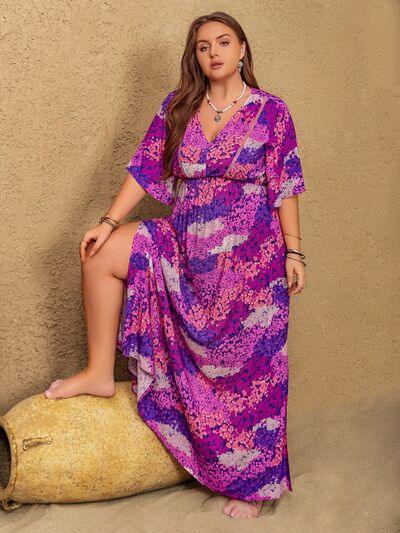 Plus Size Slit Printed Half Sleeve Maxi Dress - Clothes For Her Online Store