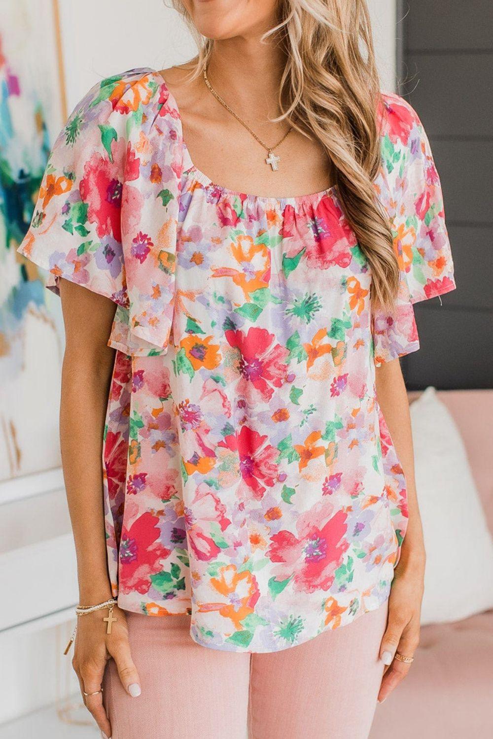 Floral Square Neck Ruffle Sleeve Blouse - Clothes For Her Online Store