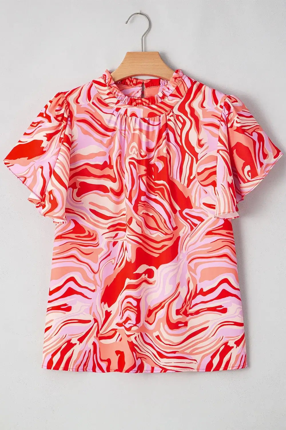 Abstract Print Ruffled Short Sleeve Mock Neck Blouse