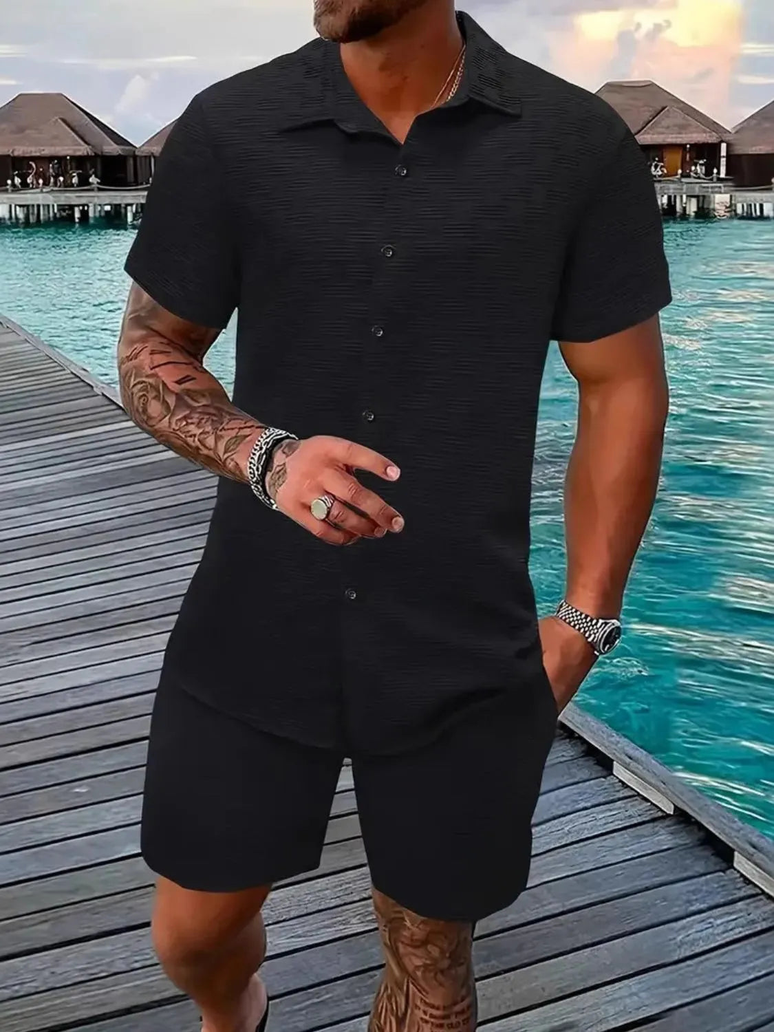 Men's Collared Neck Short Sleeve Top and Shorts Set