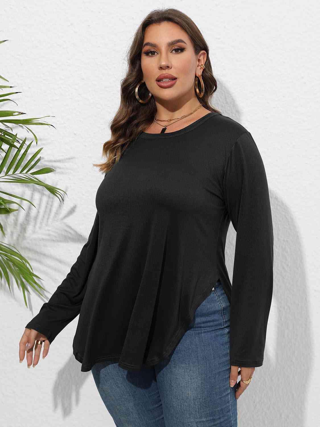 Plus Size Round Neck Long Sleeve Slit T-Shirt - Clothes For Her Online Store