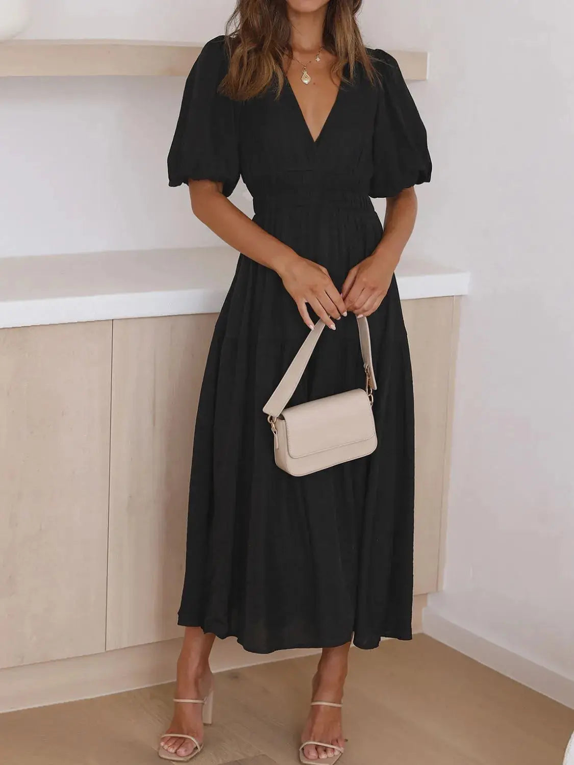 V-Neck Puff Sleeve Midi Dress - Clothes For Her Online Store