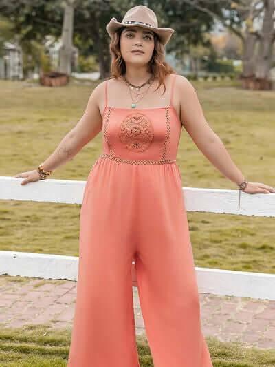 Plus Size Lace Detail Spaghetti Strap Wide Leg Jumpsuit - Clothes For Her Online Store