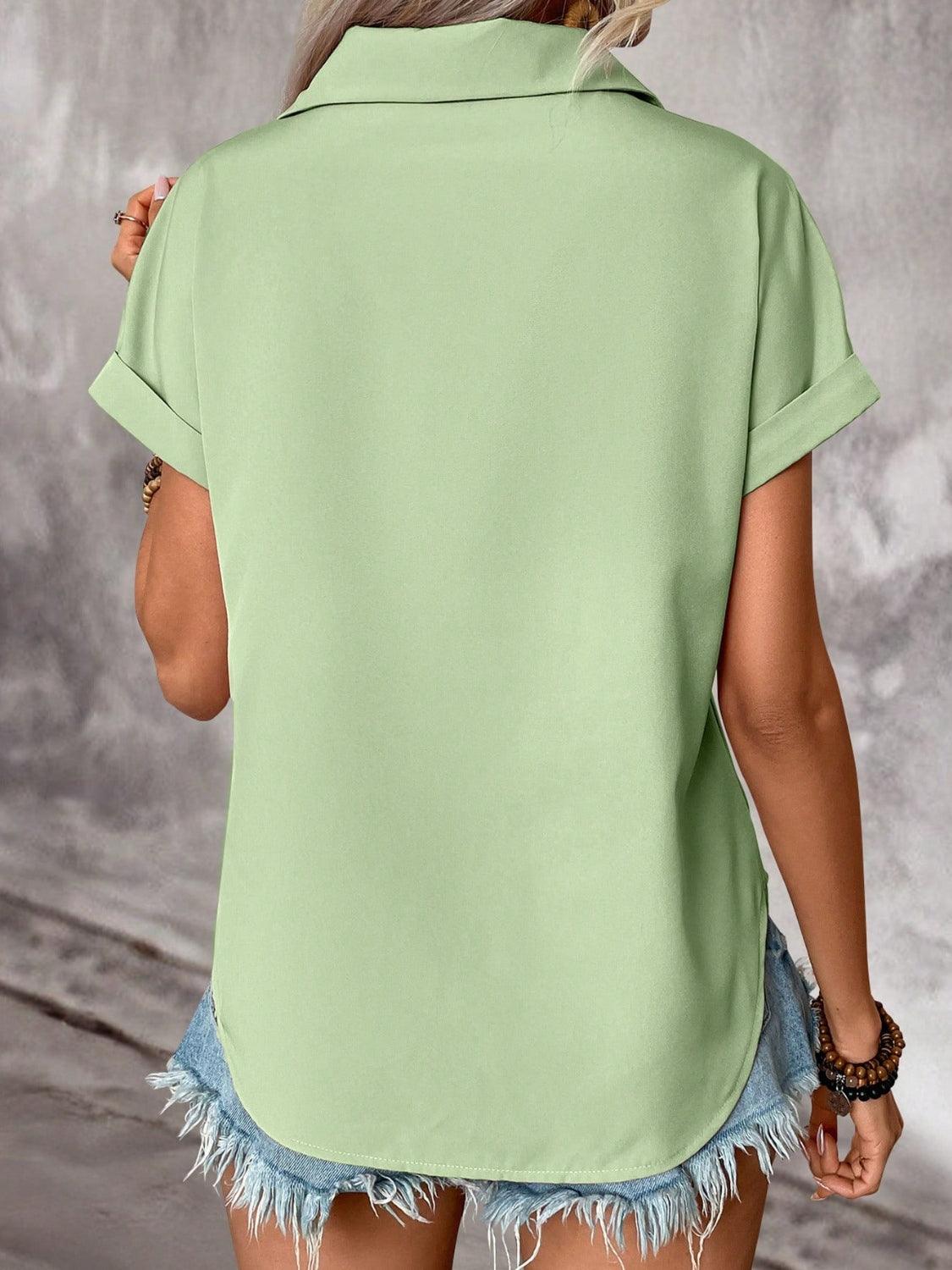 Pleated Detail Collared Neck Short Sleeve Shirt - Clothes For Her Online Store