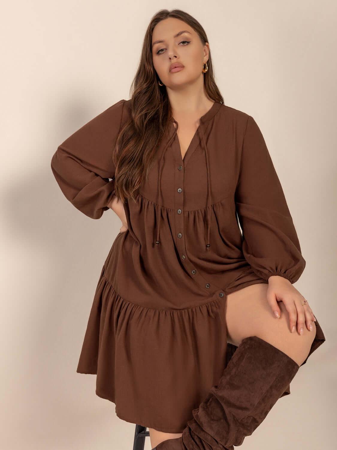 Plus Size Tie Neck Balloon Sleeve Tiered Dress - Clothes For Her Online Store