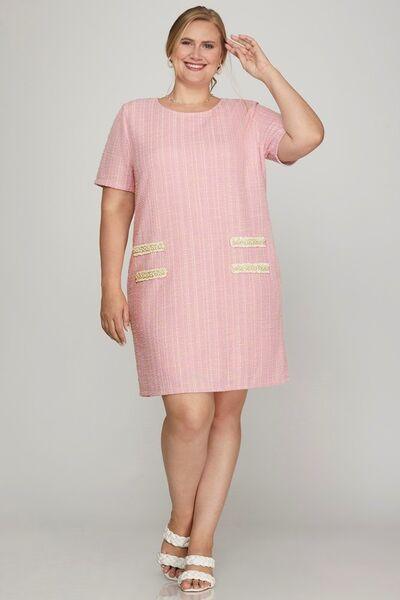 She + Sky Full Size Short Sleeve Pearl Studded Trim Knit Tweed Dress Plus Size - Clothes For Her Online Store