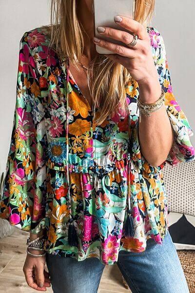 Floral Tie Neck Balloon Sleeve Blouse - Clothes For Her Online Store