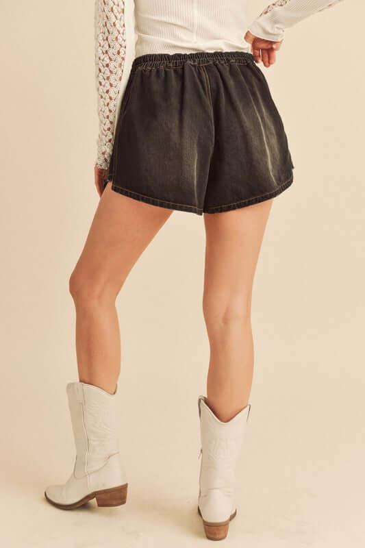 Aemi + Co Frayed Hem Elastic Waist Denim Shorts - Clothes For Her Online Store