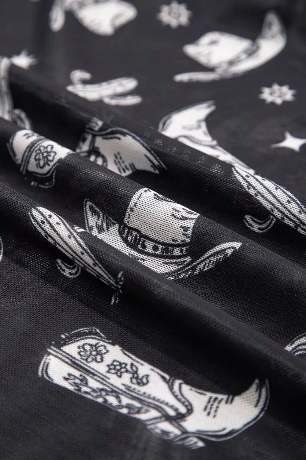 Western Pattern Mesh Sheer Crew Neck Top - Clothes For Her Online Store