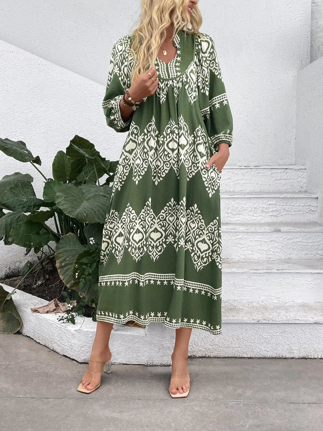 Printed Notched Midi Dress with Pockets