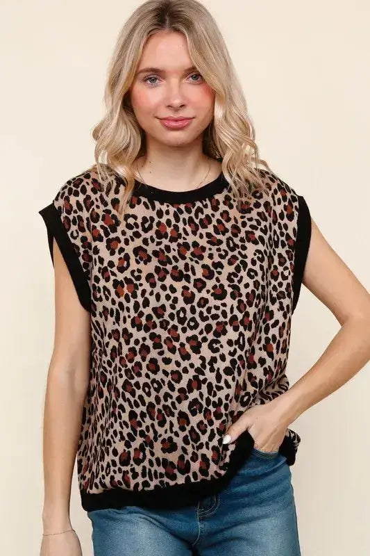 Haptics Leopard Print Dolman Cap Sleeve Knit Top - Clothes For Her Online Store
