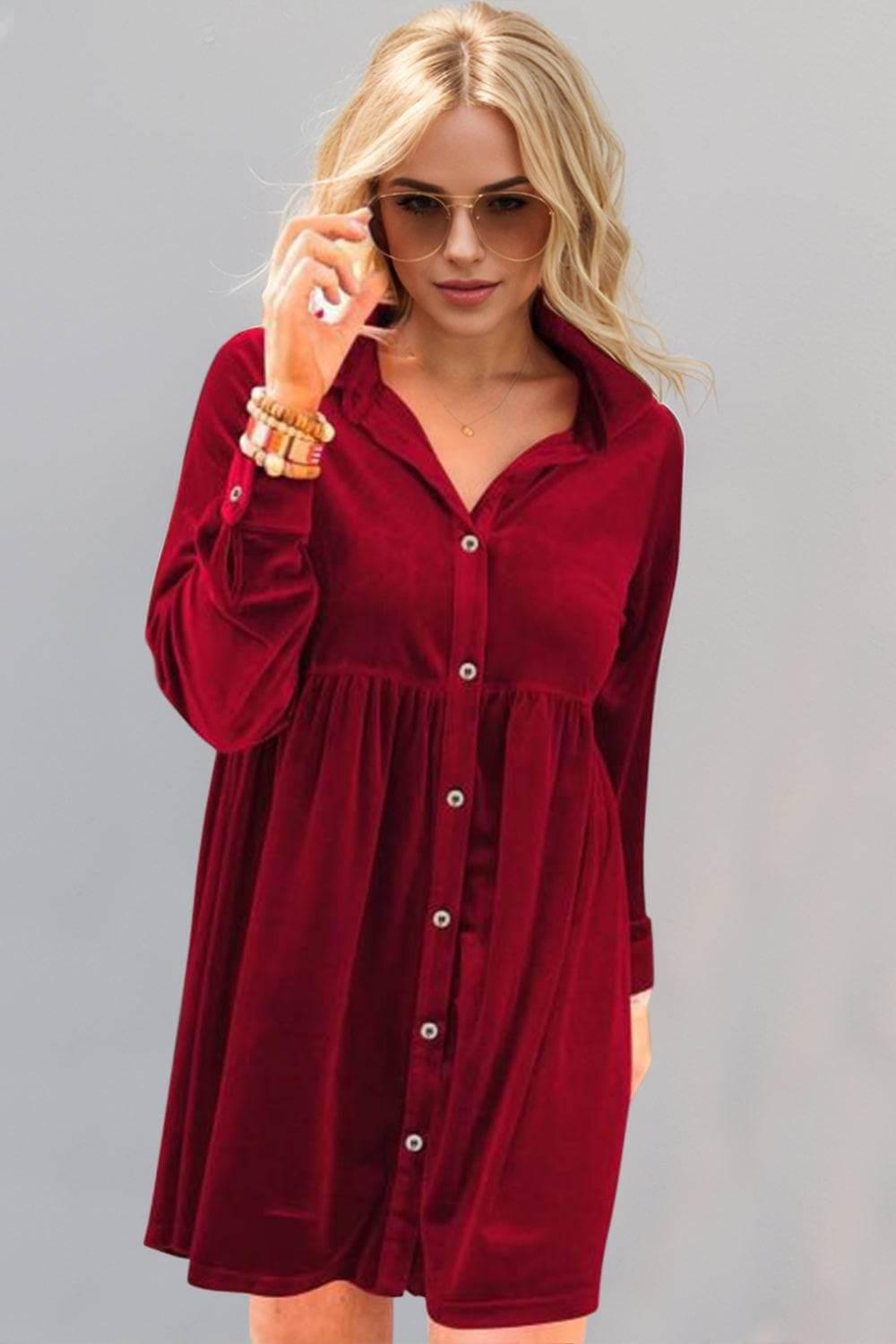 Oh Full Size Collared Neck Long Sleeve Mini Dress - Clothes For Her Online Store