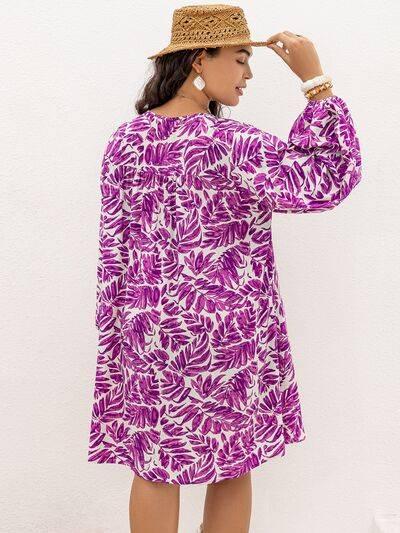 Plus Size Printed V-Neck Balloon Sleeve Mini Dress - Clothes For Her Online Store