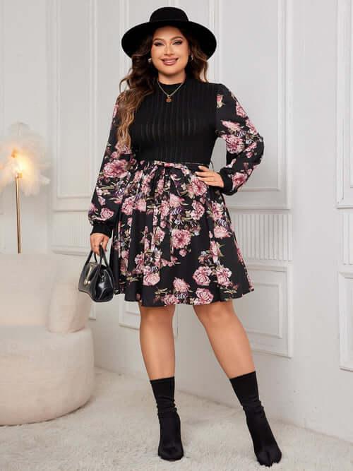 Plus Size Tied Printed Long Sleeve Dress - Clothes For Her Online Store