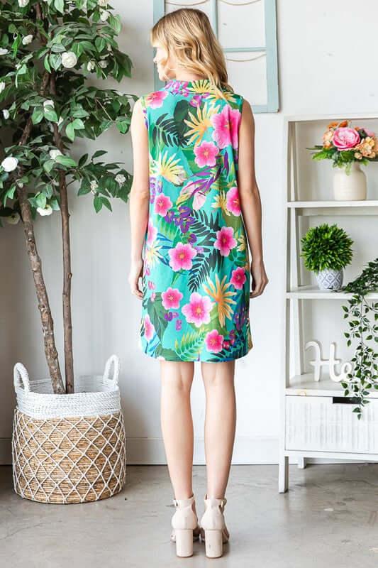 Heimish Full Size Floral Johnny Collar Sleeveless Dress Plus Size