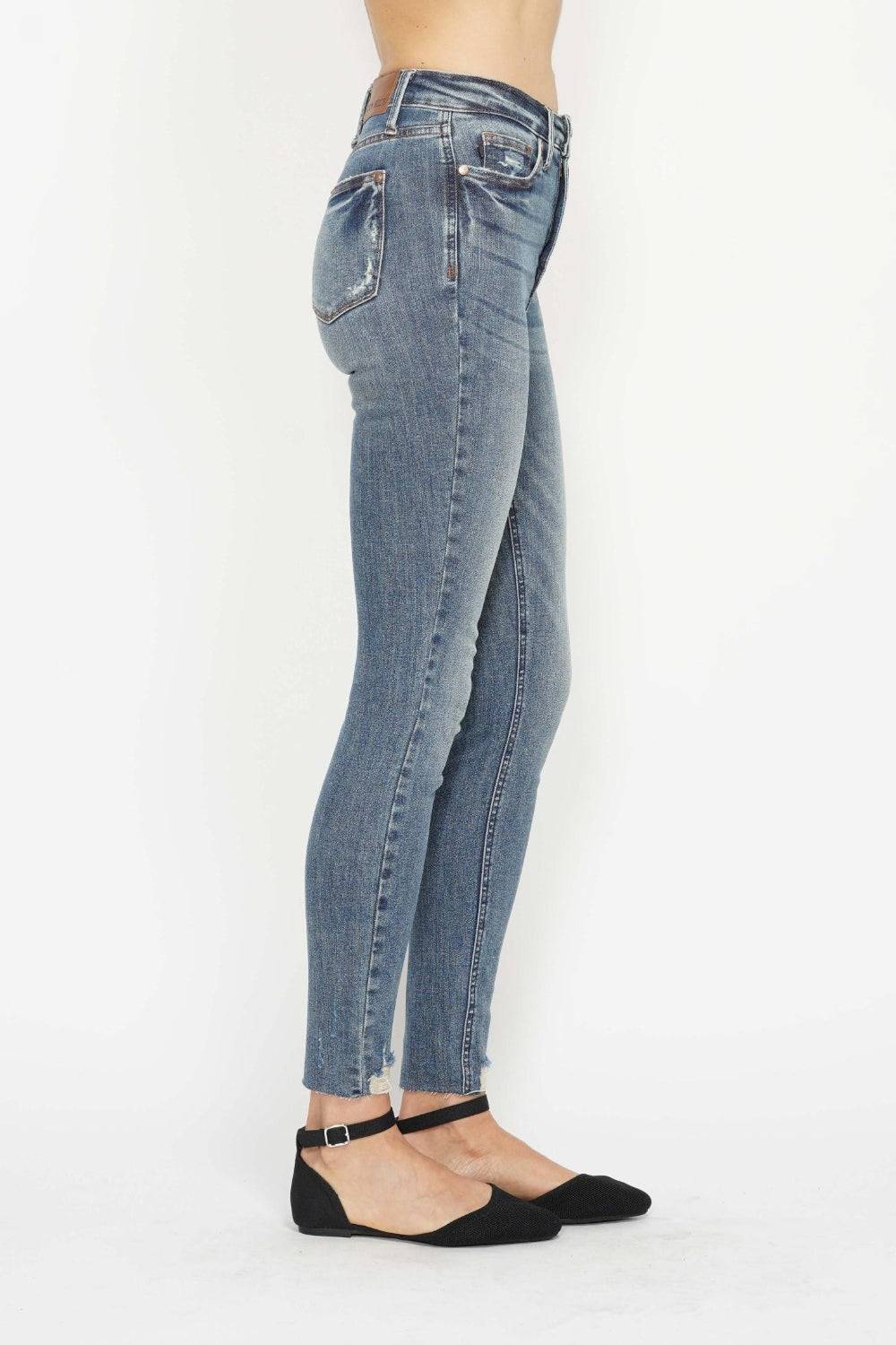 Judy Blue Full Size Tummy Control Vintage Wash Hem Destroy Skinny Jeans - Clothes For Her Online Store