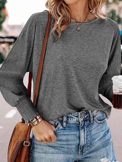 Round Neck Smocked Lantern Sleeve T-Shirt - Clothes For Her Online Store