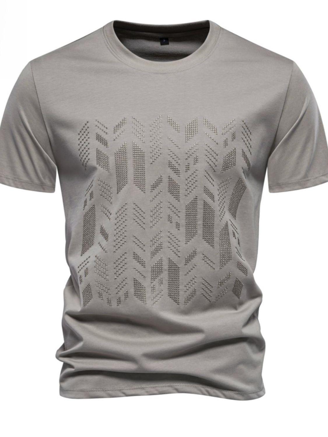 Men's Round Neck Geometric Embroidered T-Shirt - Clothes For Her Online Store