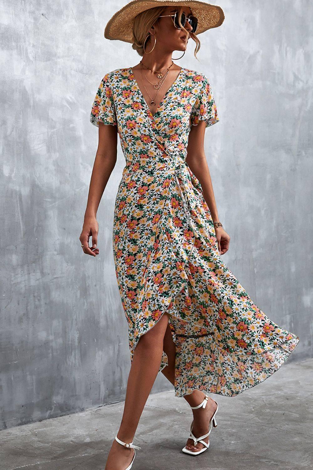 Floral Surplice Neck Tied Midi Dress - Clothes For Her Online Store
