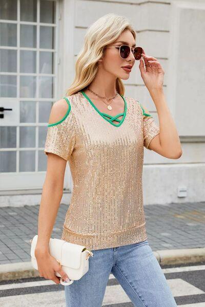 Sequin Crisscross V-Neck Cold Shoulder Blouse - Clothes For Her Online Store
