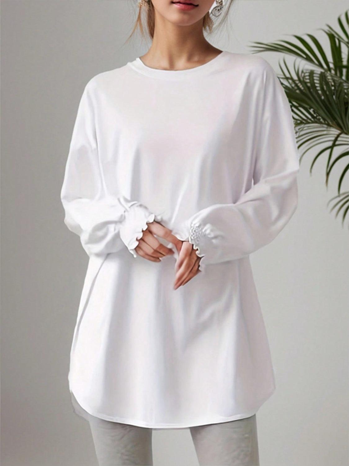 Smocked Cuff Round Neck Long Sleeve T-Shirt - Clothes For Her Online Store